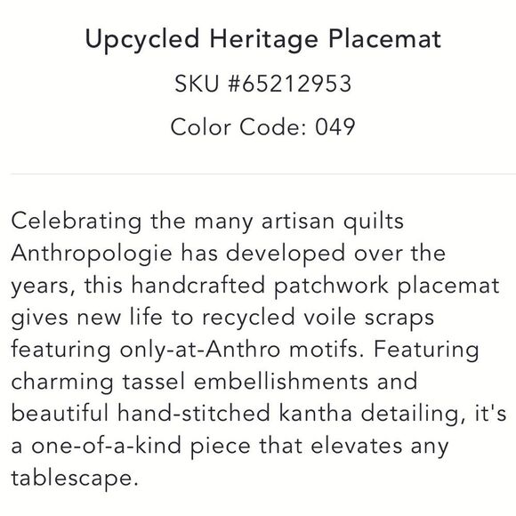 NWOT RARE Anthropologie Upcycled Heritage Placemats-Set of 2-1Blue & 1 Red - Picture 12 of 16